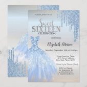 Blue Glitter Drips, Blue Dress Silver Sweet 16 Kaart (Voorkant / Achterkant)