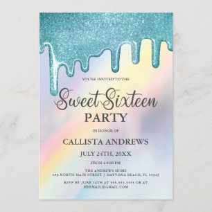 Blue Glitter Drips Rainbow Holographic Sweet 16 Kaart