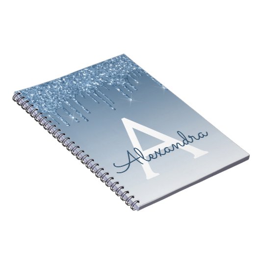 Blue Glitter Drips Sparkle Monogram Notitieboek (Rechterzijde)