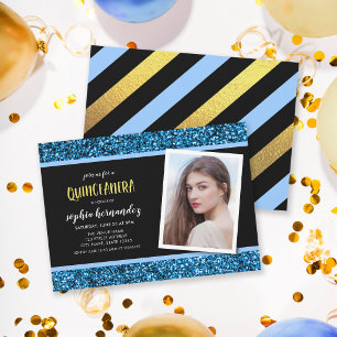 Blue Glitter Foto Quinceanera Uitnodiging