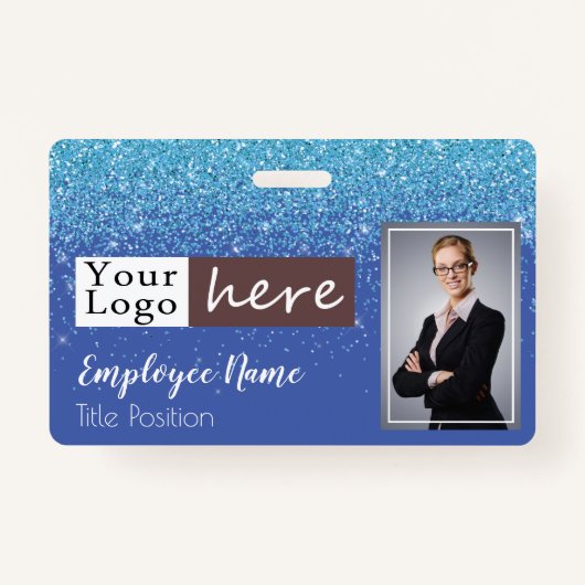Blue Glitter Girly One Photo Employee Name Badge (Voorkant)