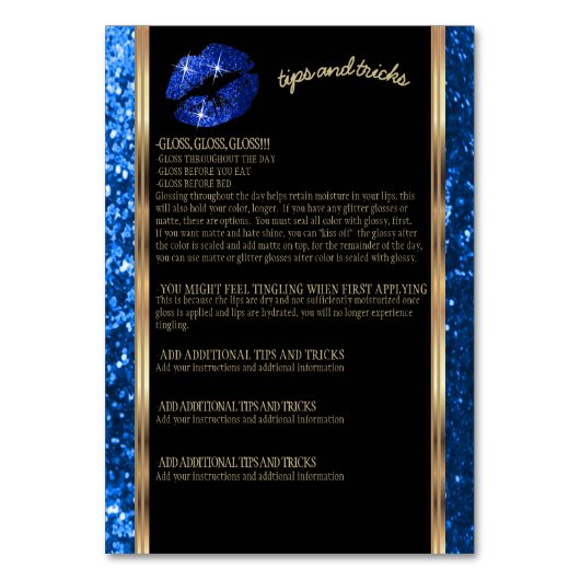 Blue Glitter Lip Toepassing en instructies Kaart (Achterkant)