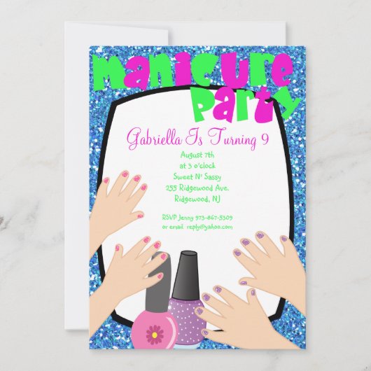 Blue Glitter Manicure Spa Birthday Party Kaart (Voorkant)