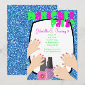 Blue Glitter Manicure Spa Birthday Party Kaart (Voorkant / Achterkant)