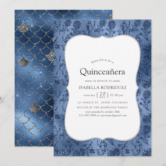 Blue Glitter Mermaid Pattern Quinceanera Kaart (Voorkant / Achterkant)