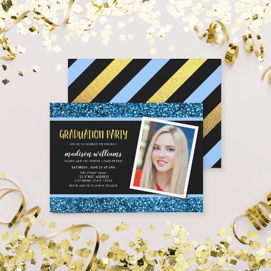 Blue Glitter Photo Graduparty Invitation Kaart