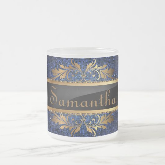 Blue Glitter Sequin Frosted Glass Coffee Mok Cup (Center)