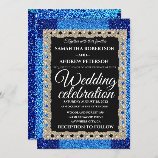 Blue Glitter Sparking Pearls bruiloft Kaart (Voorkant / Achterkant)