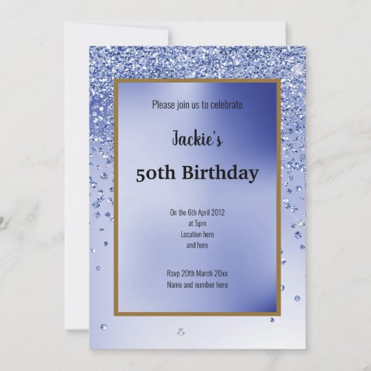 Blue Glitter Sparkle Elegant 50th Birthday Kaart (Voorkant)