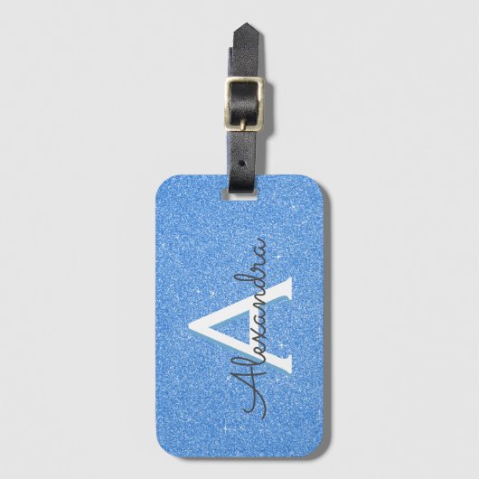 Blue Glitter Sparkle Monogram Naam en Initiaal Bagagelabel (Voorkant (verticaal))