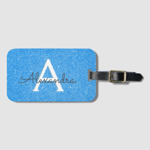 Blue Glitter Sparkle Monogram Naam en Initiaal Bagagelabel