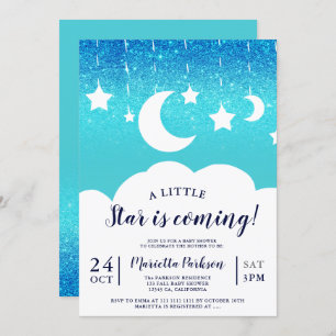 Blue glitter star moon cloud baby shower kaart