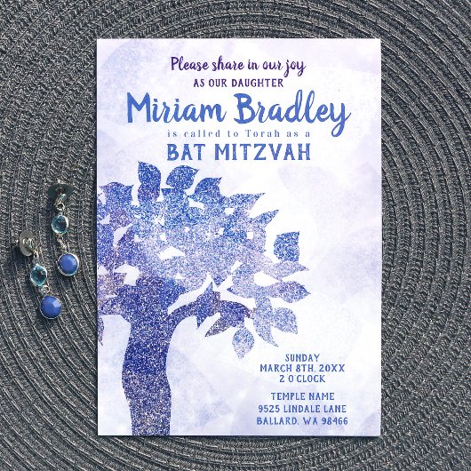 Blue Glitter Tree Bat Mitzvah Invitation Kaart