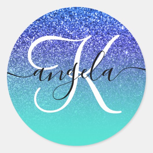 Blue Glitter Turquoise Ombre Monogrammed Ronde Sticker (Voorkant)