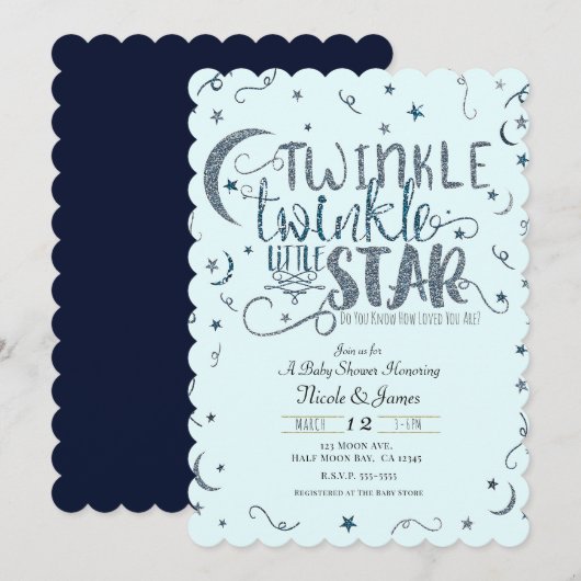 Blue Glitter Twinkle Little Star Baby shower Kaart (Voorkant / Achterkant)