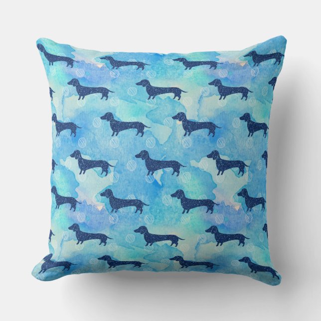 Blue Glitter Waterverf Dachshund Pattern Kussen (Voorkant)