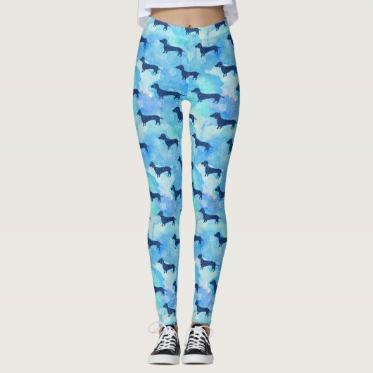 Blue Glitter Waterverf Dachshund Pattern Leggings (Voorkant)