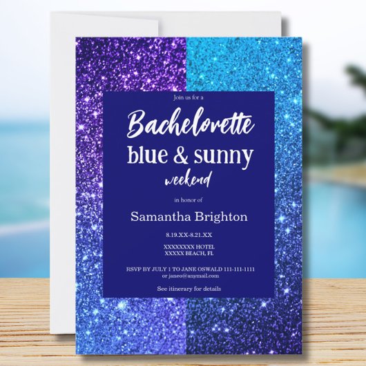 Blue Glitter Weekend Bachelorette Invitation Kaart