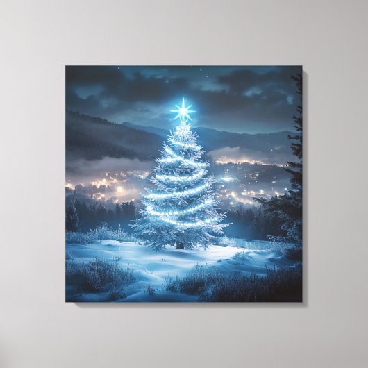 Blue Glowing Winter Night Christmas Tree Canvas Afdruk (Voorkant)
