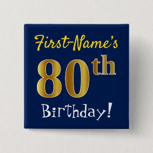 Blue, Gold 80th Birthday, With Custom Name Vierkante Button 5,1 Cm