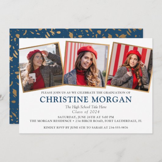 Blue Gold Afstuderen Foto Afstuderen aankondiging (Voorkant / Achterkant)