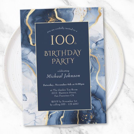 Blue Gold Agate 100e anniversaire Invitation
