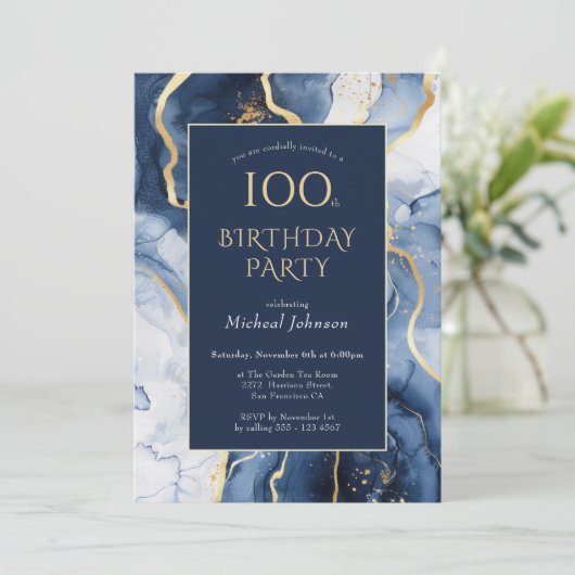 Blue Gold Agate 100e anniversaire Invitation (Debout devant)