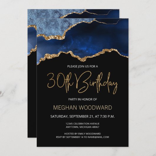 Blue Gold Agate 30th Birthday Party Invitation (Devant / Derrière)