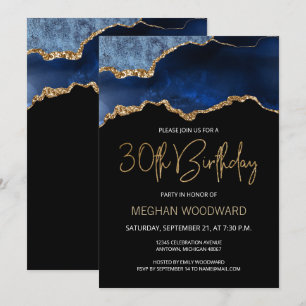 Blue Gold Agate 30th Birthday Party Invitation