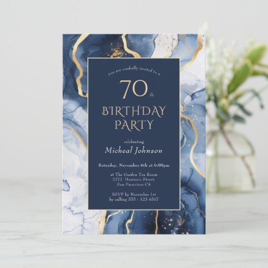Blue Gold Agate 70e anniversaire Invitation (Debout devant)