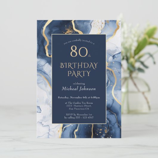 Blue Gold Agate 80th Birthday Invitation (Debout devant)