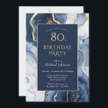 Blue Gold Agate 80th Birthday Invitation<br><div class="desc">Blue Gold Agate 80th Birthday Invitation. Célébrez une soirée élégante de 80e anniversaire avec ce design moderne élégant. Avec ses étonnantes tonalités bleu et or, ses motifs de géode marbré et ses détails d'encre d'alcool aquarelle, il offre une touche sophistiquée pour une célébration d'étape adulte. Le design épuré et l'esthétique...</div>