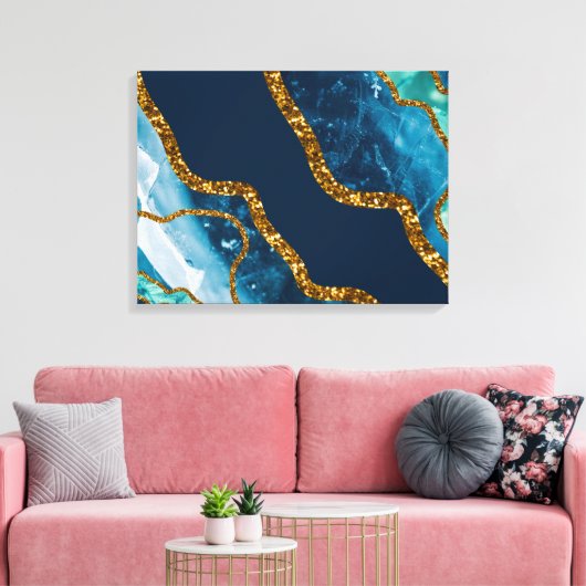 Blue & Gold Agate Geode Glitter Canvas Afdruk (Insitu (Woonkamer))