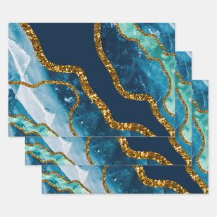 Blue & Gold Agate Geode Glitter Inpakpapier Vel