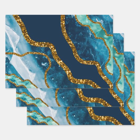 Blue & Gold Agate Geode Glitter Inpakpapier Vel (Set)