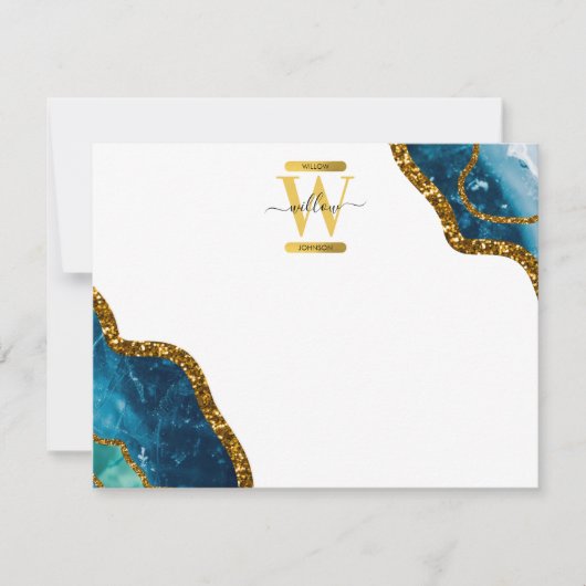 Blue & Gold Agate Geode Glitter Monogram Note Kaar Notitiekaartje (Voorkant)