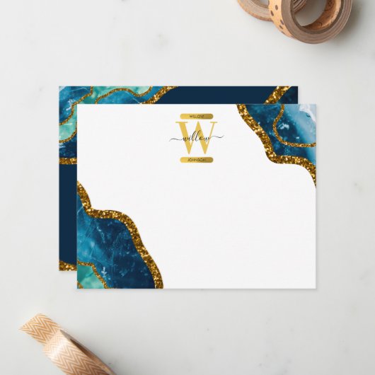 Blue & Gold Agate Geode Glitter Monogram Note Kaar Notitiekaartje (Voorkant / Achterkant in situ)