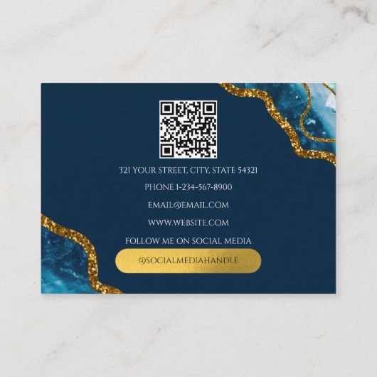 Blue Gold Agate Geode Glitter Monogram QR Code Visitekaartje (Achterkant)