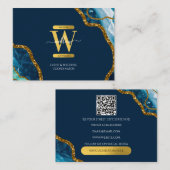 Blue Gold Agate Geode Glitter Monogram QR Code Visitekaartje (Voorkant / Achterkant)