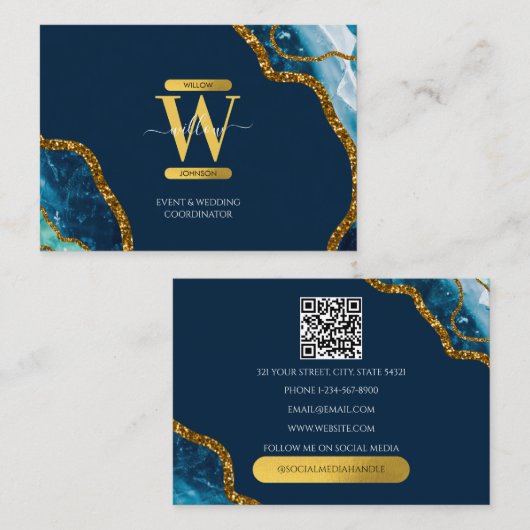 Blue Gold Agate Geode Glitter Monogram QR Code Visitekaartje (Voorkant / Achterkant)