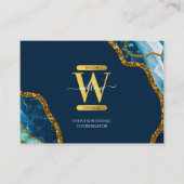 Blue Gold Agate Geode Glitter Monogram QR Code Visitekaartje (Voorkant)