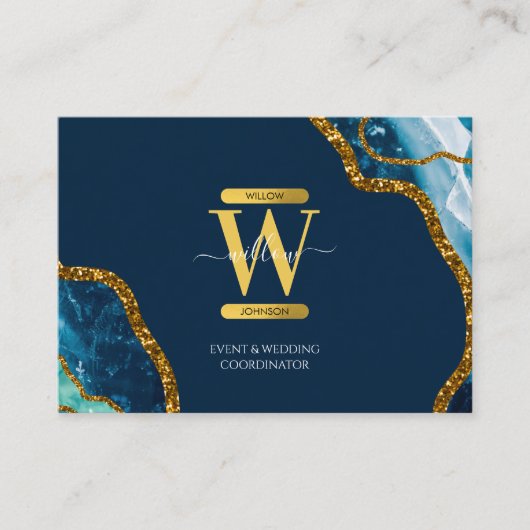 Blue Gold Agate Geode Glitter Monogram QR Code Visitekaartje (Voorkant)