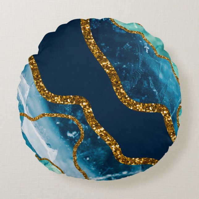 Blue & Gold Agate Geode Glitter Rond Kussen (Voorkant)