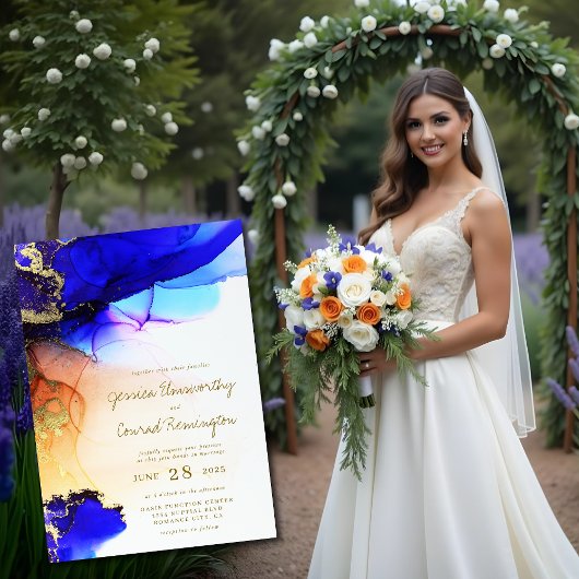 Blue Gold Alcohol Ink Wedding Invitation Kaart