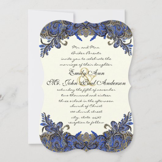Blue Gold & Black Peacock Ivory Wedding Invitation Kaart (Voorkant)