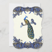 Blue Gold & Black Peacock Ivory Wedding Invitation Kaart (Achterkant)