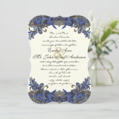 Blue Gold & Black Peacock Ivory Wedding Invitation Kaart (Staand voorkant)