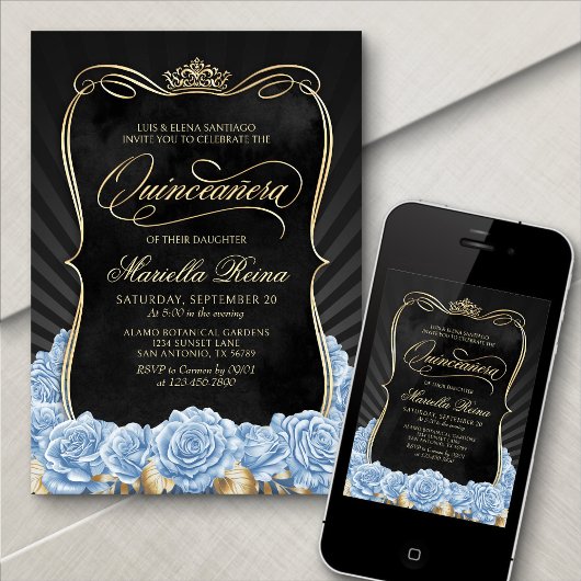 Blue Gold Black Quinceañera Kaart