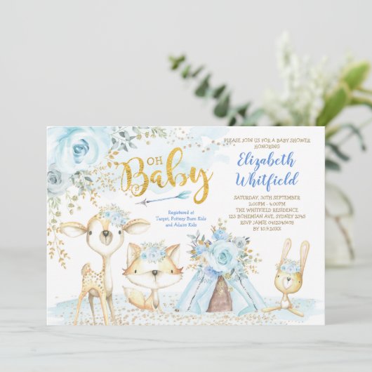 Blue Gold Boho Woodland Forest Boy Baby shower Kaart (Staand voorkant)