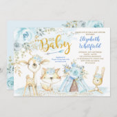Blue Gold Boho Woodland Forest Boy Baby shower Kaart (Voorkant / Achterkant)